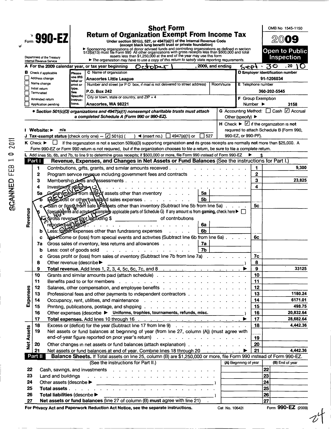 Image of first page of 2009 Form 990EO for Little League Baseball - 4471104 Anacortes LL