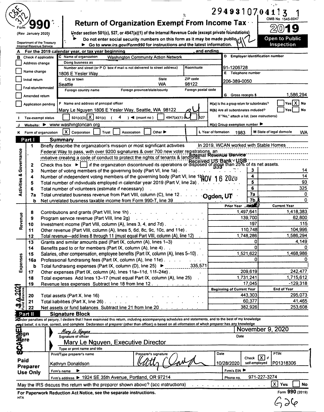 Image of first page of 2019 Form 990O for Washington CAN (Washington CAN)