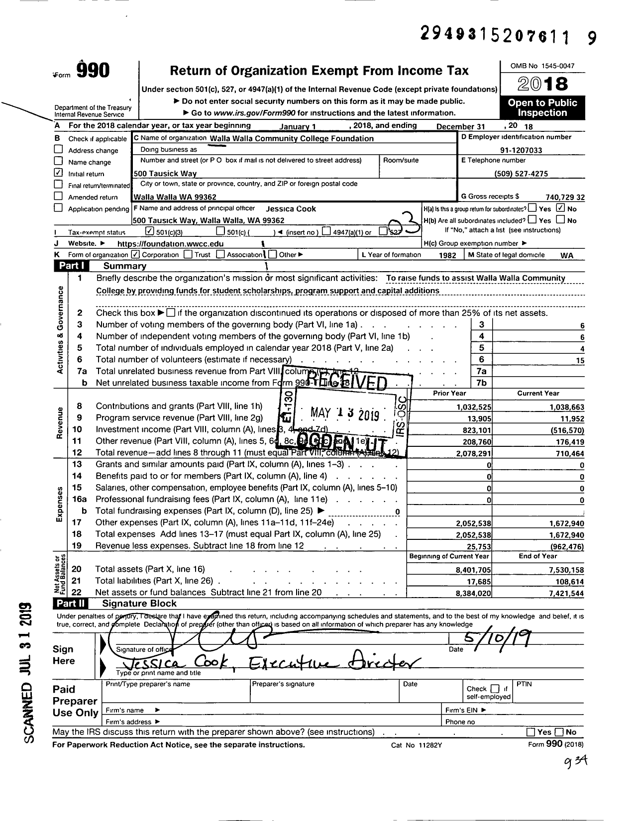 Image of first page of 2018 Form 990 for Walla Walla Community College Foundation