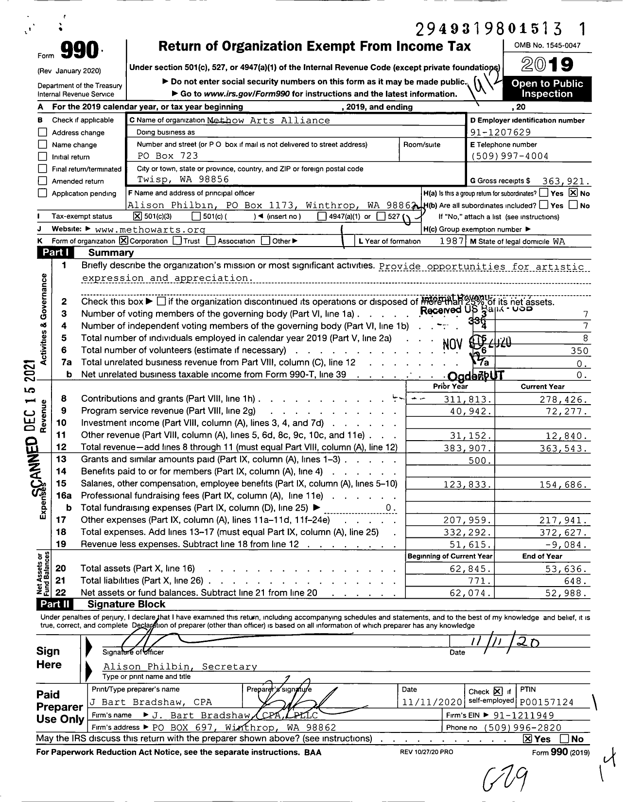 Image of first page of 2019 Form 990 for Methow Arts Alliance