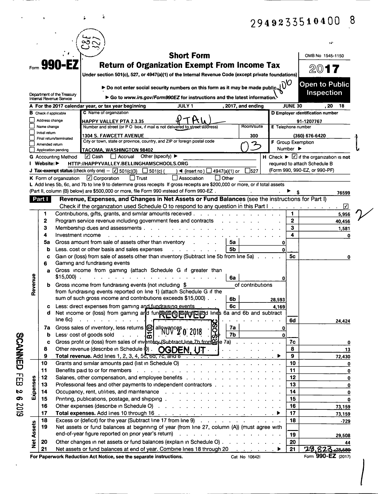 Image of first page of 2017 Form 990EZ for Happy Valley PTA 8 3 35