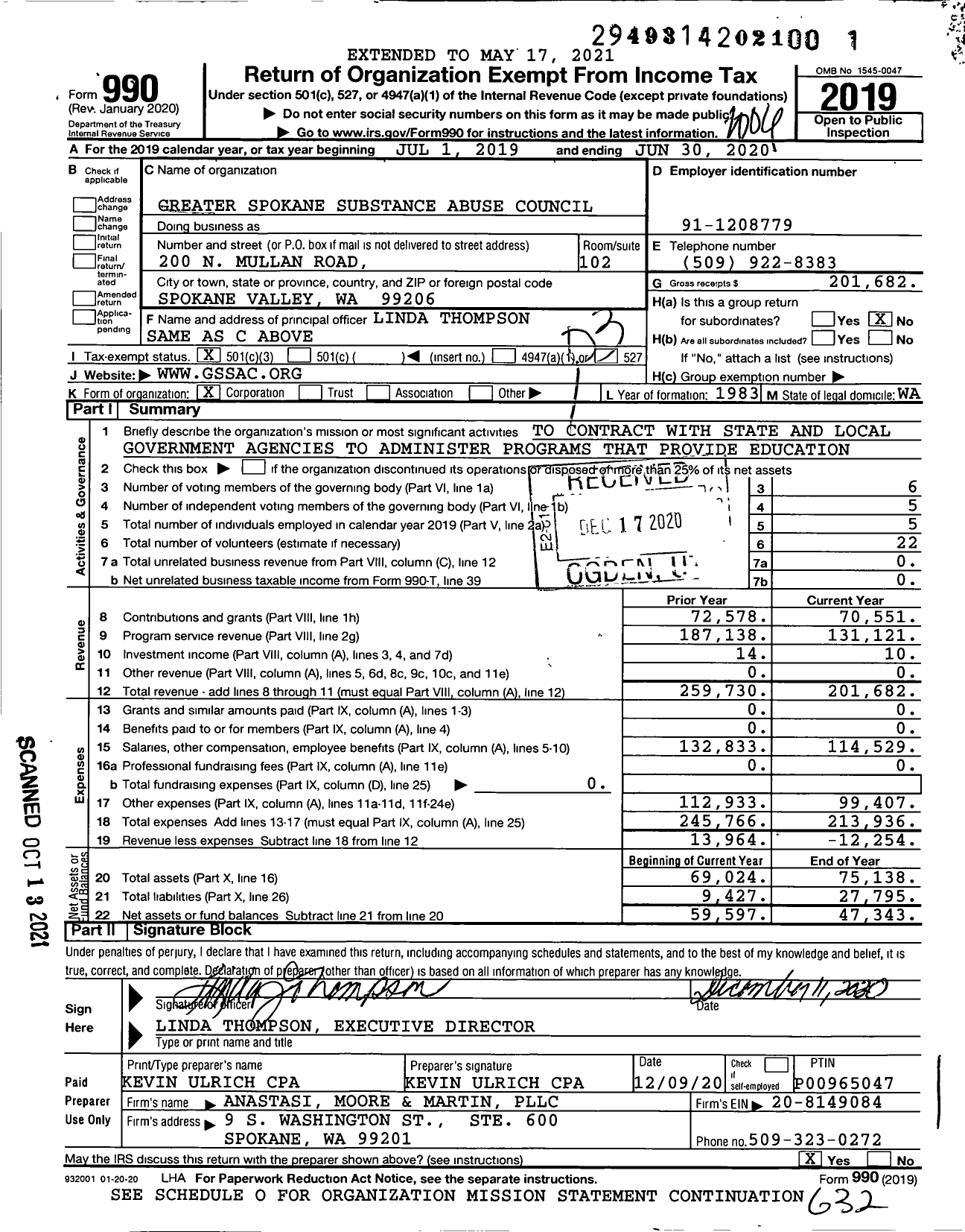 Image of first page of 2019 Form 990 for Greater Spokane Substance Abuse Council