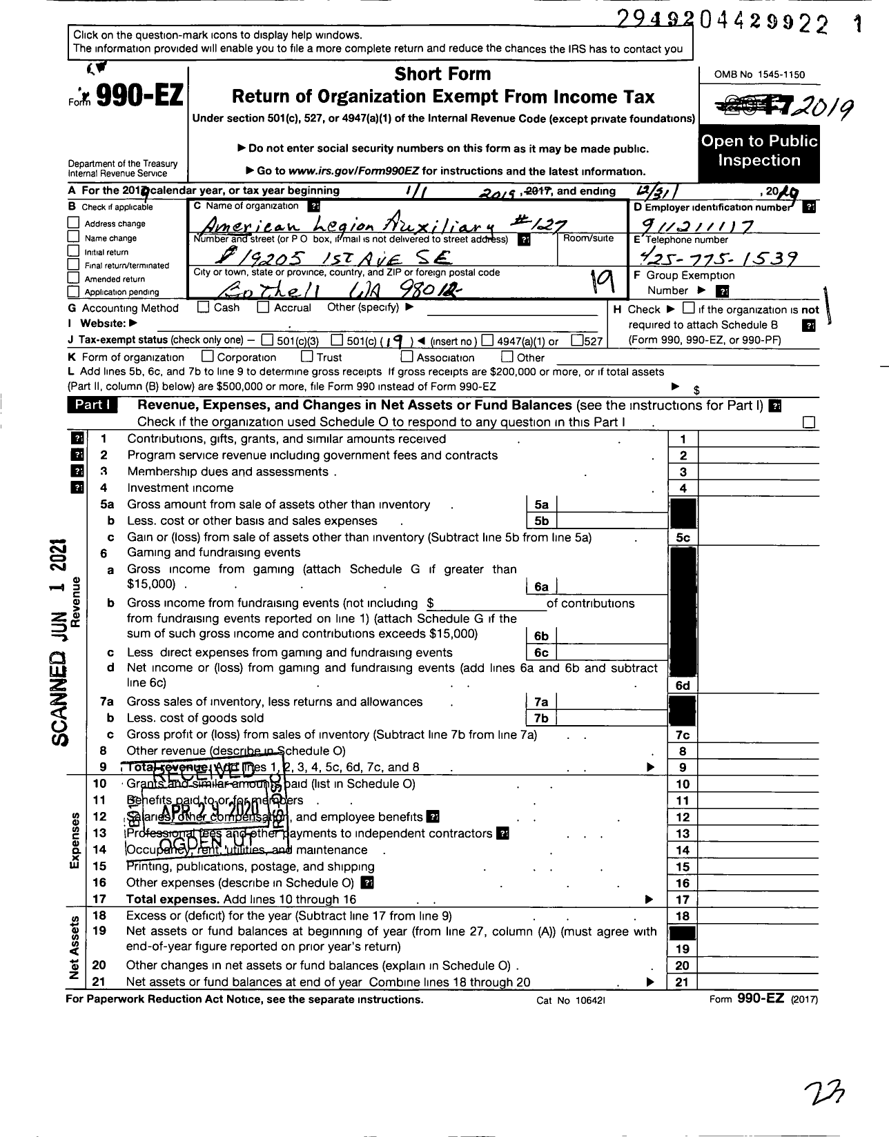 Image of first page of 2019 Form 990EO for American Legion Auxiliary - 127 Bothell