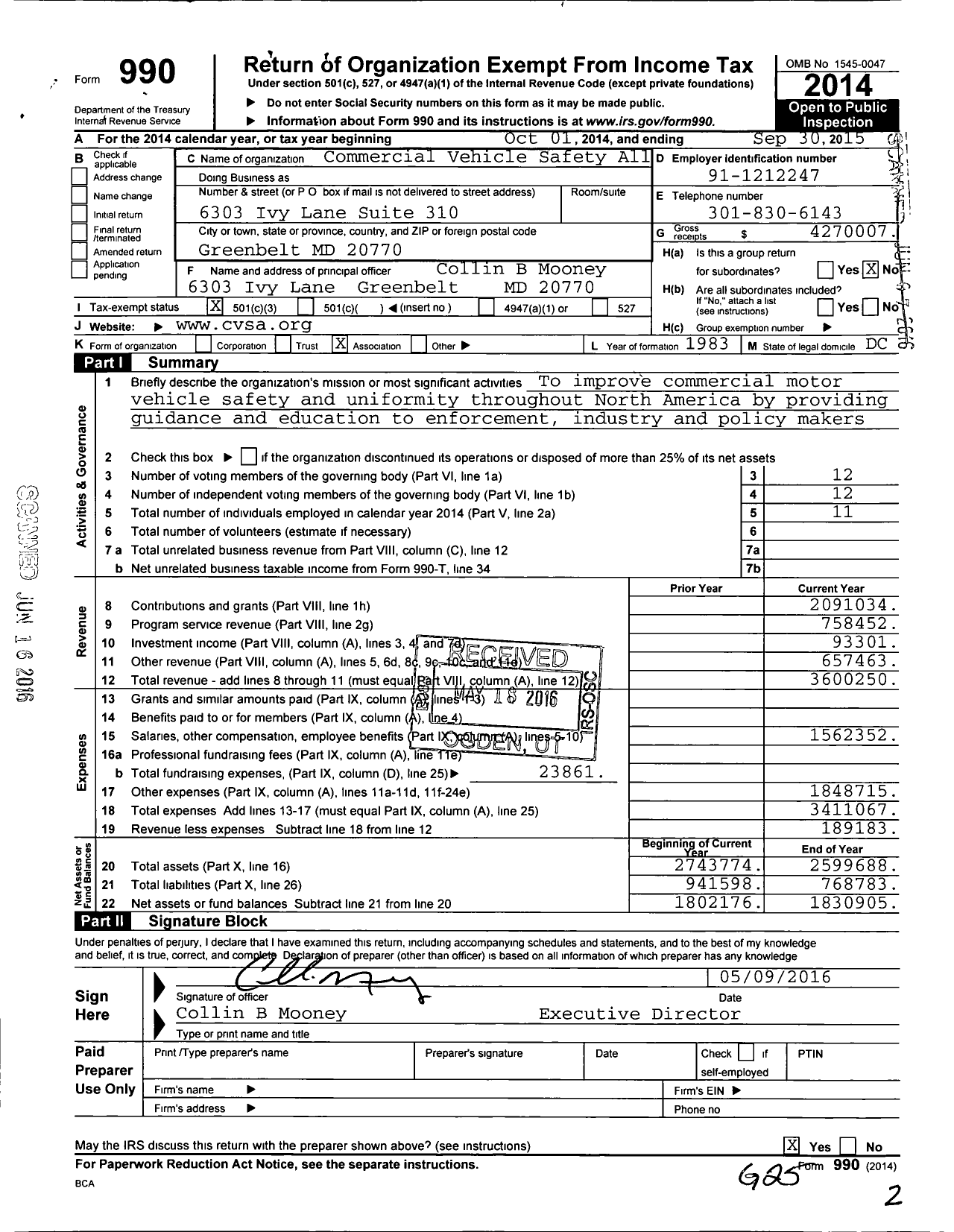 Image of first page of 2014 Form 990 for Commercial Vehicle Safety All