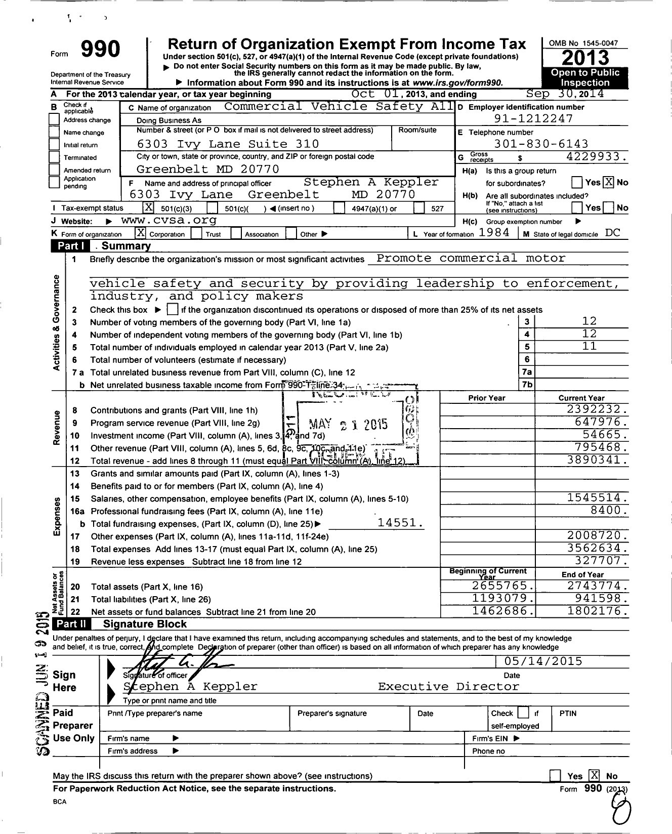 Image of first page of 2013 Form 990 for Commercial Vehicle Safety All