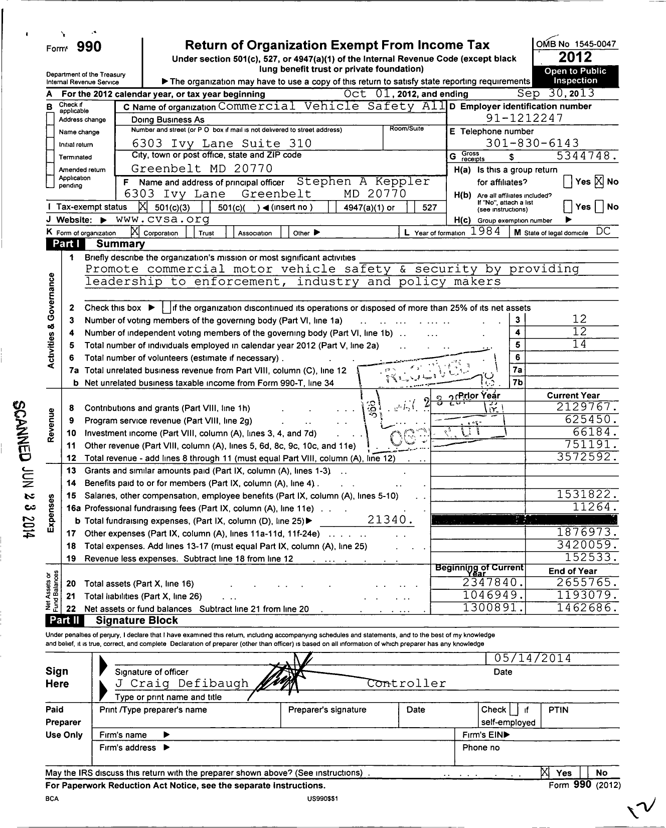 Image of first page of 2012 Form 990 for Commercial Vehicle Safety All