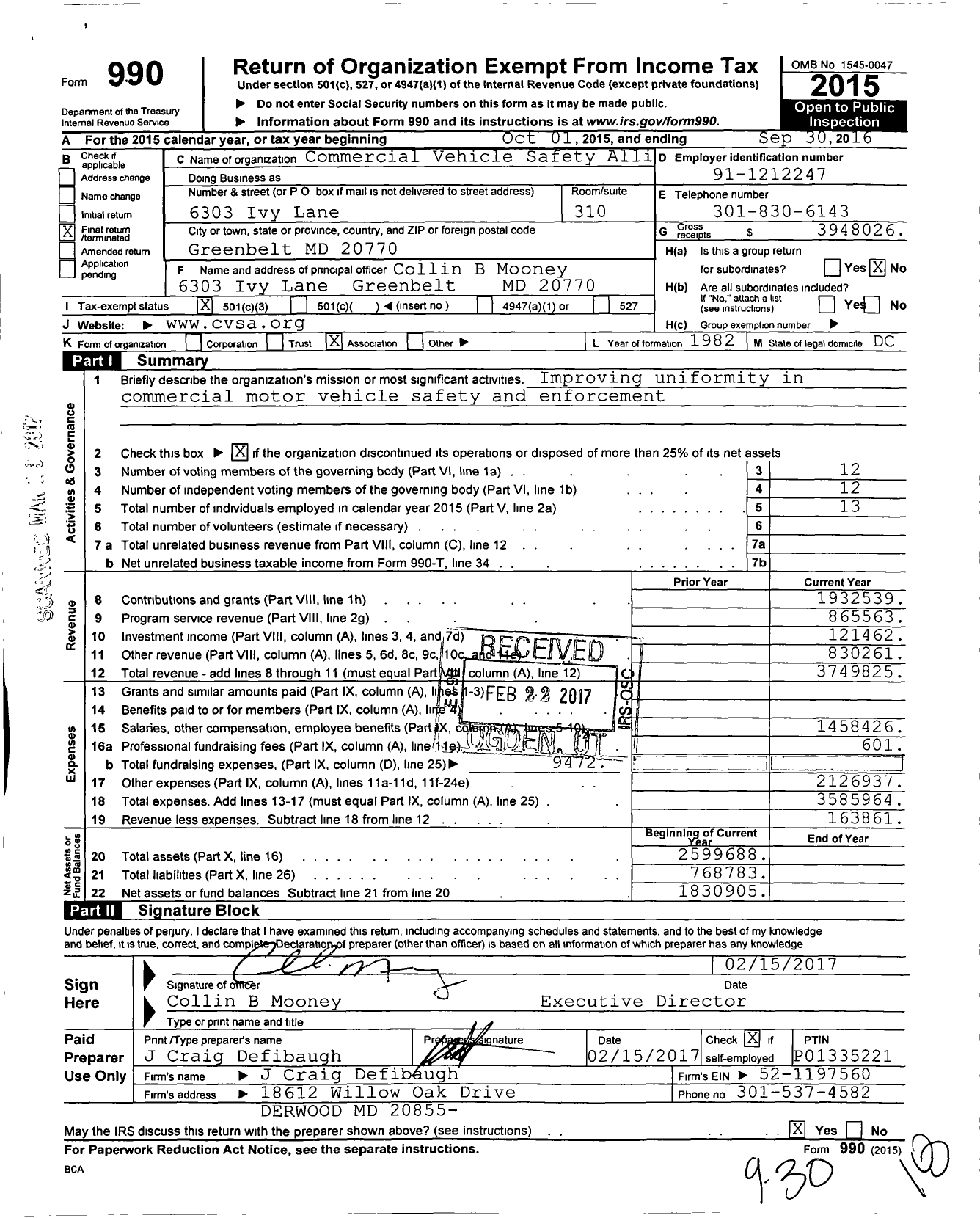 Image of first page of 2015 Form 990 for Commercial Vehicle Safety All