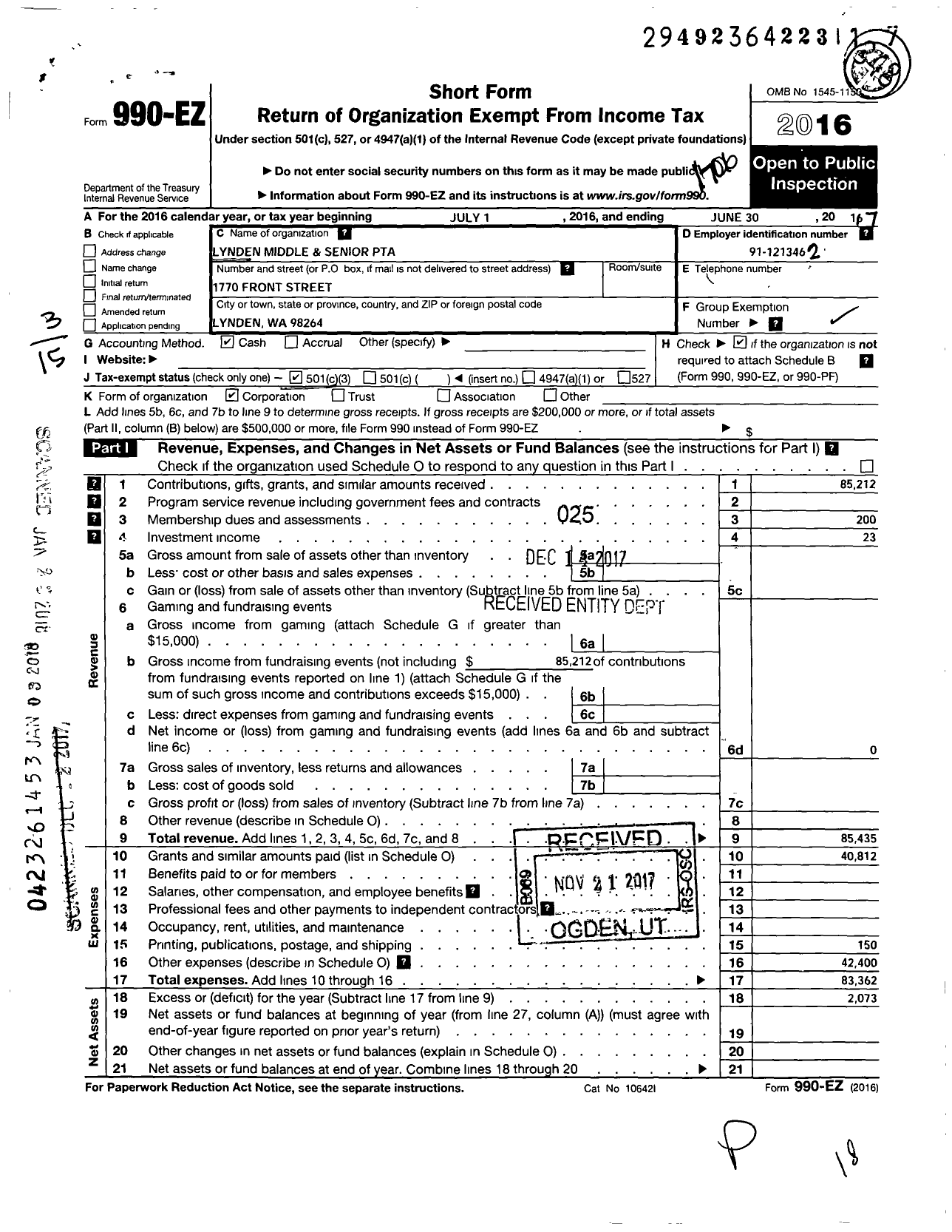 Image of first page of 2016 Form 990EZ for Lynden Middle and Senior PTA