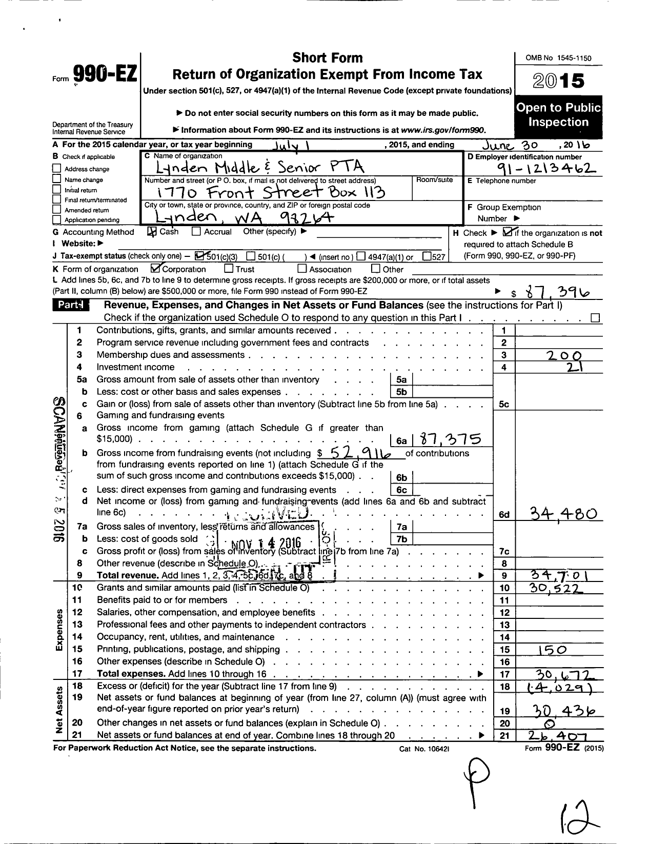 Image of first page of 2015 Form 990EZ for Lynden Middle and Senior PTA