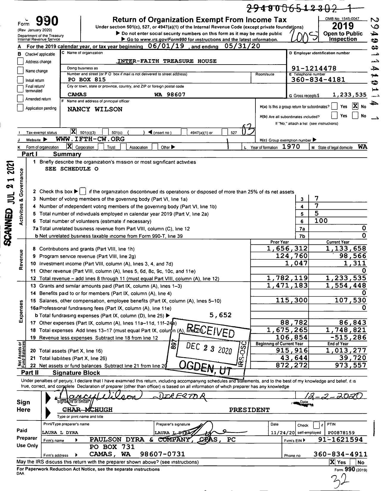 Image of first page of 2019 Form 990 for Inter-Faith Treasure House