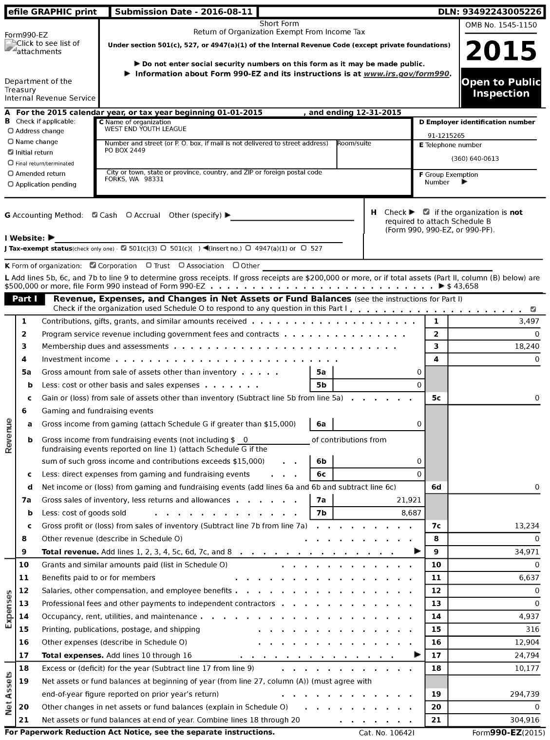 Image of first page of 2015 Form 990EZ for West End Youth League