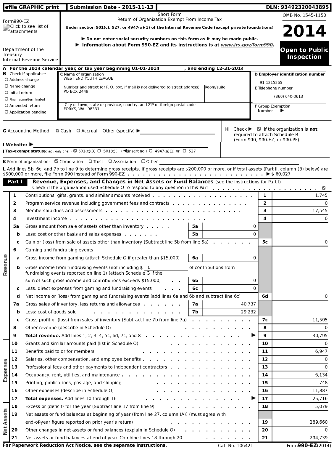 Image of first page of 2014 Form 990EZ for West End Youth League