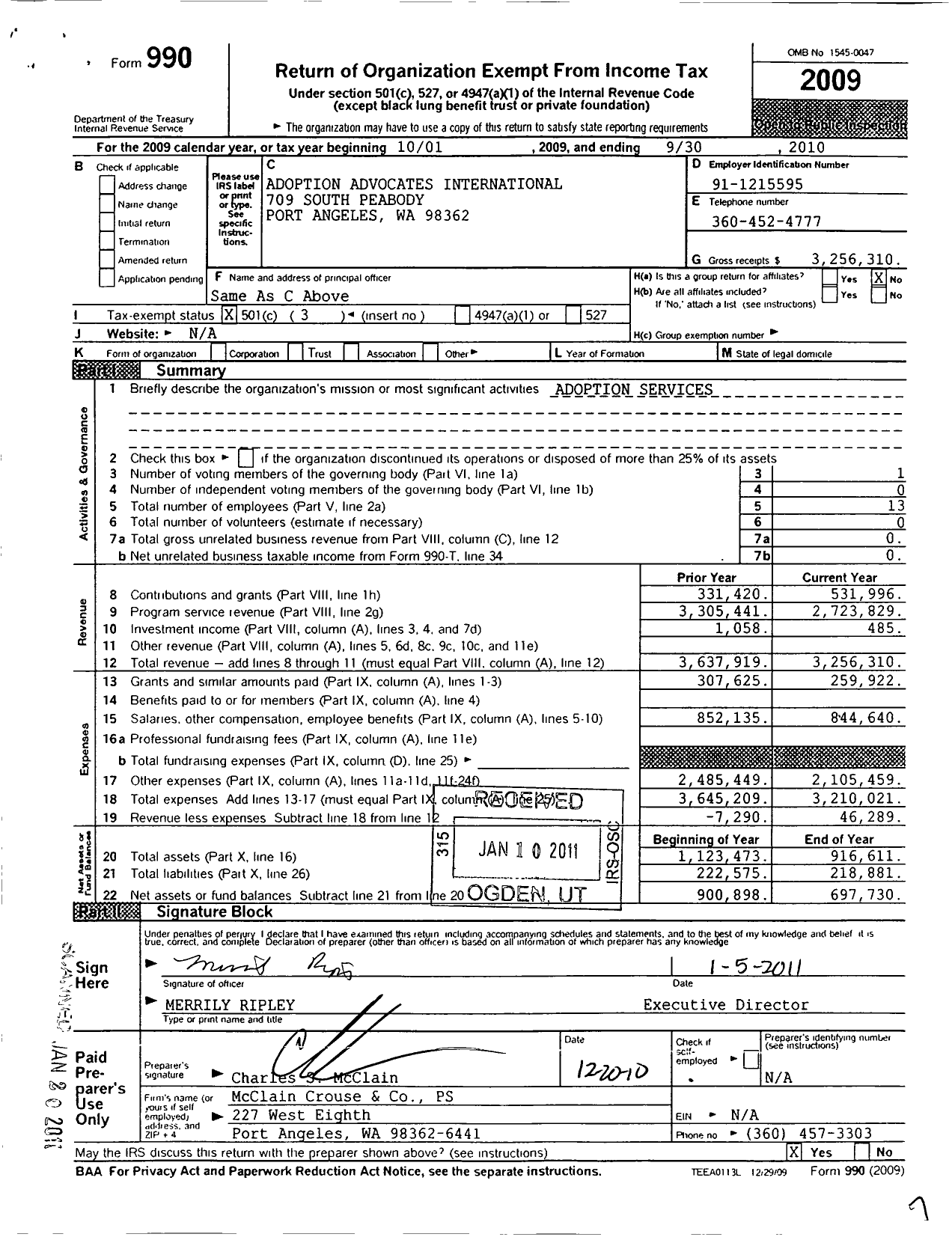 Image of first page of 2009 Form 990 for Adoption Adovates International