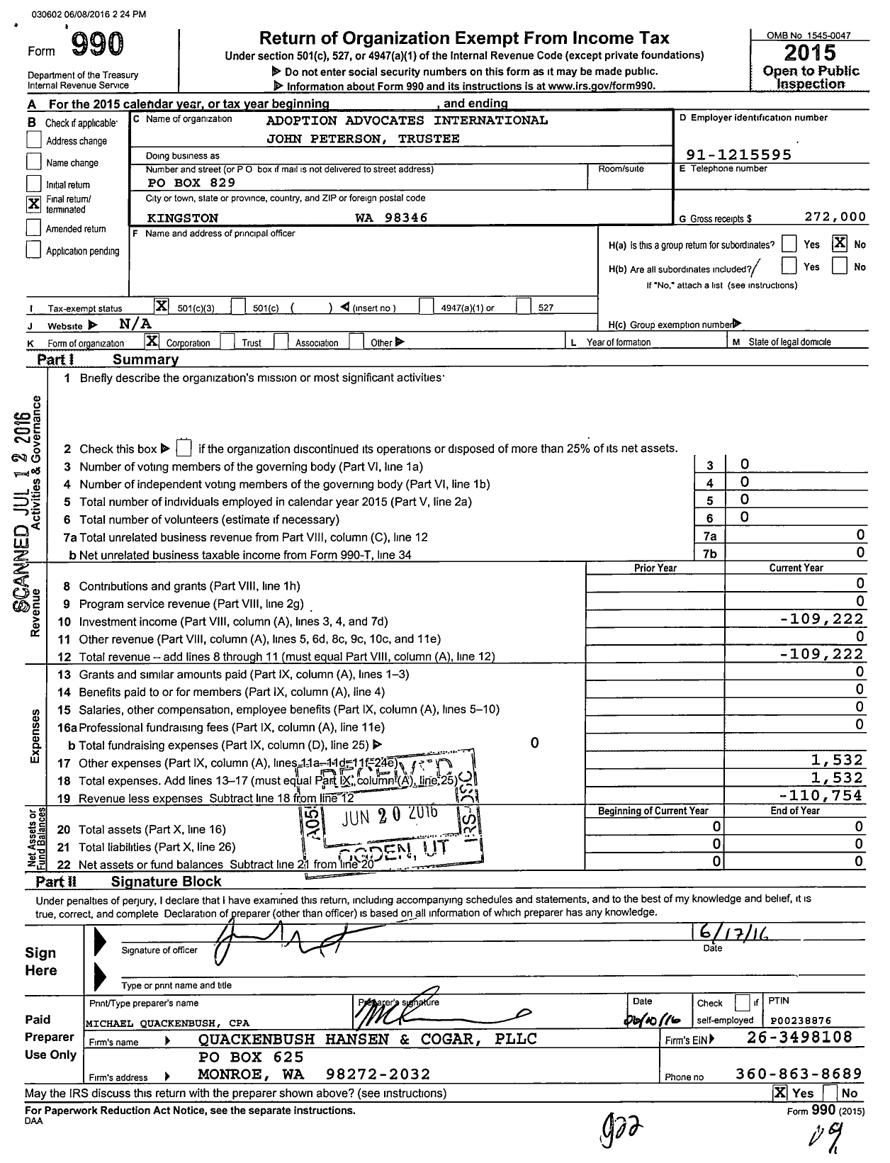 Image of first page of 2015 Form 990 for Adoption Adovates International