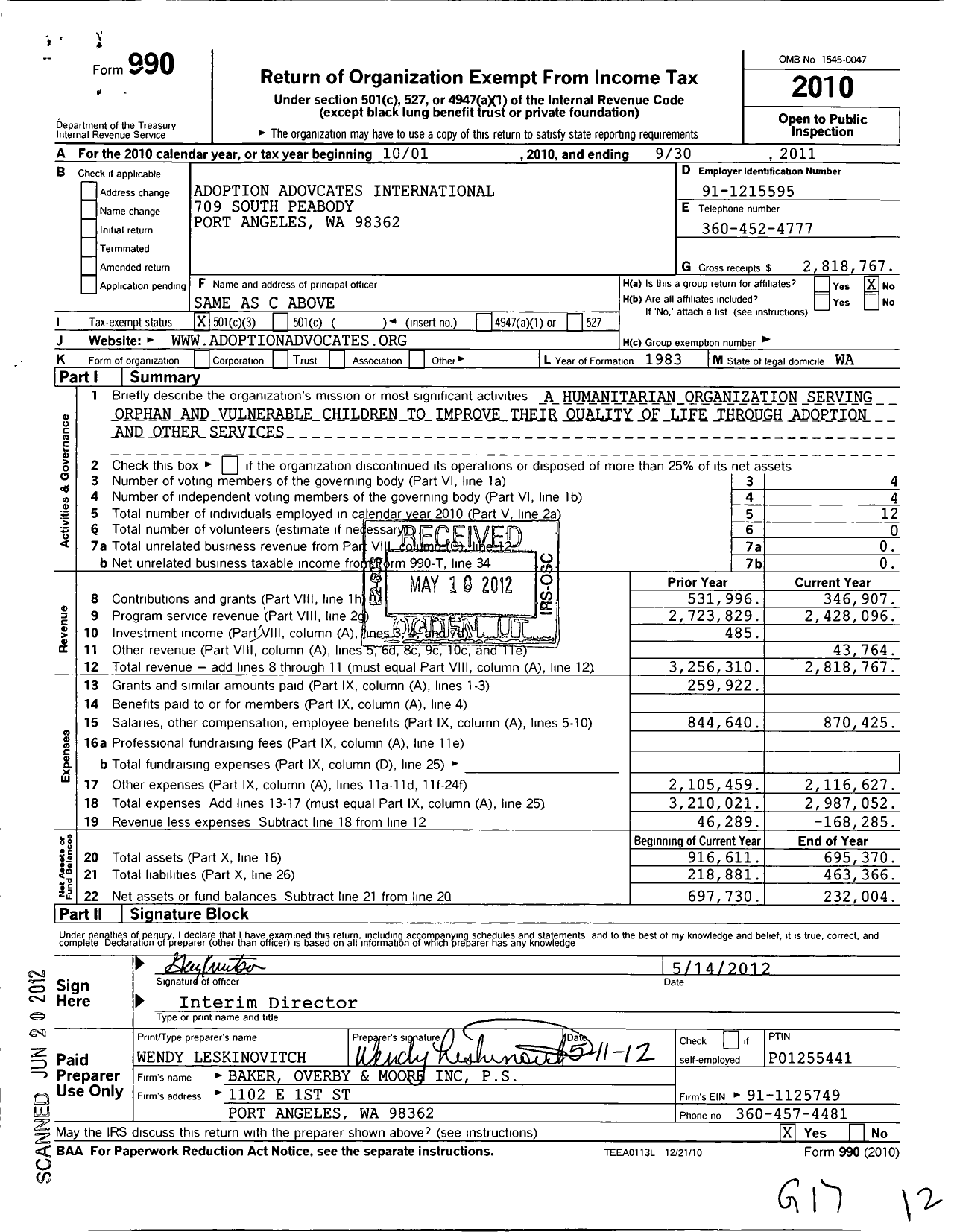 Image of first page of 2010 Form 990 for Adoption Adovates International