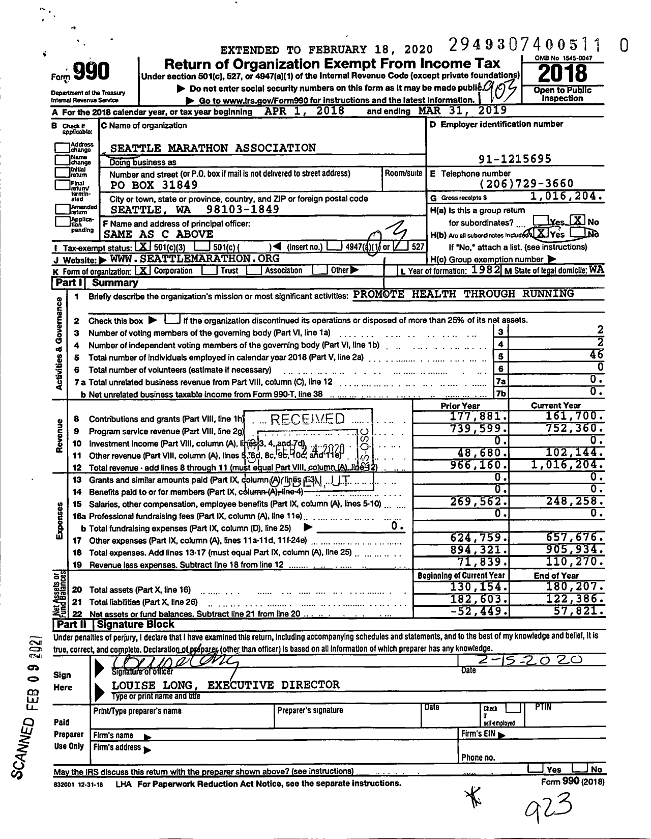 Image of first page of 2018 Form 990 for Seattle Marathon Association