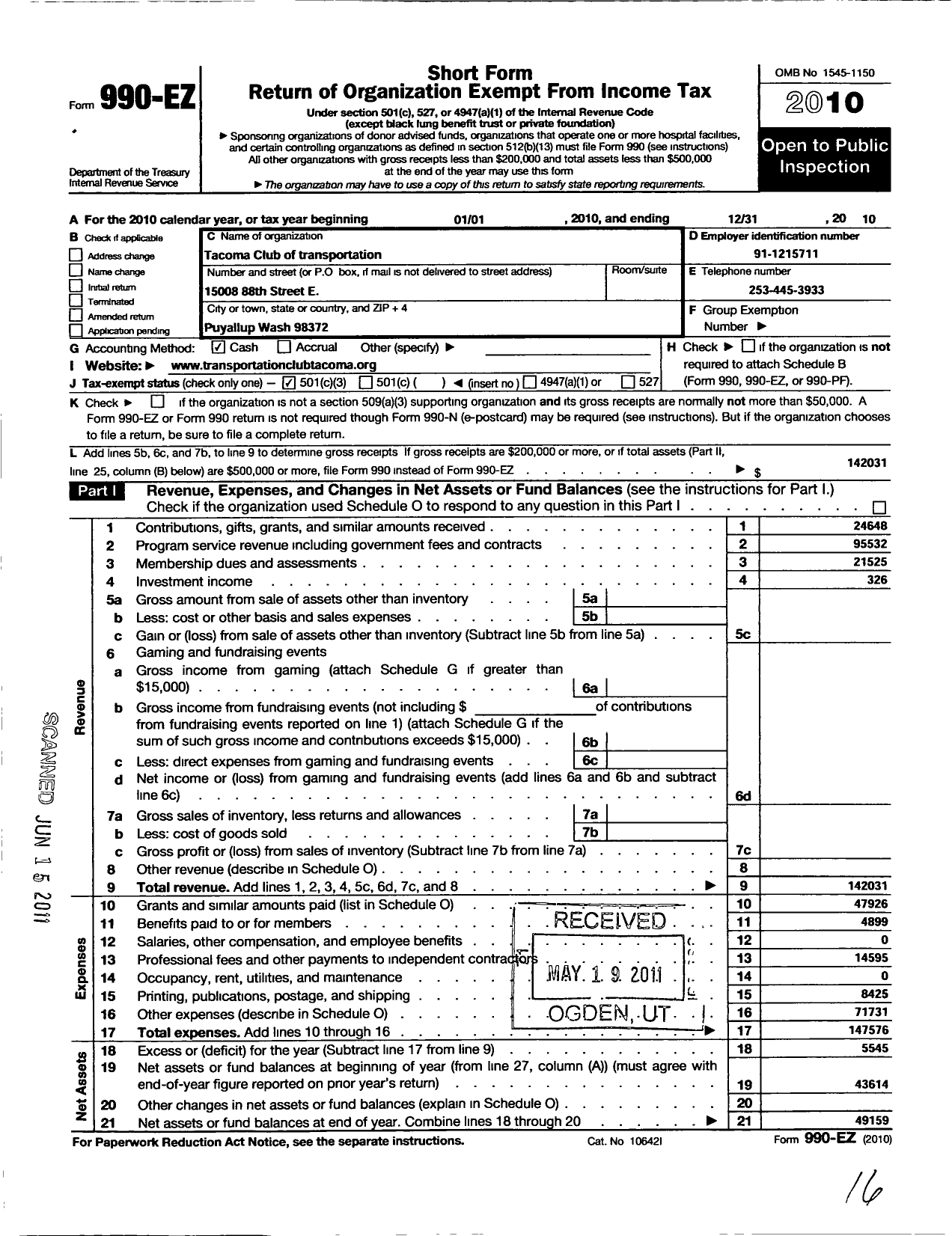 Image of first page of 2010 Form 990EZ for Transportation Club of Tacoma