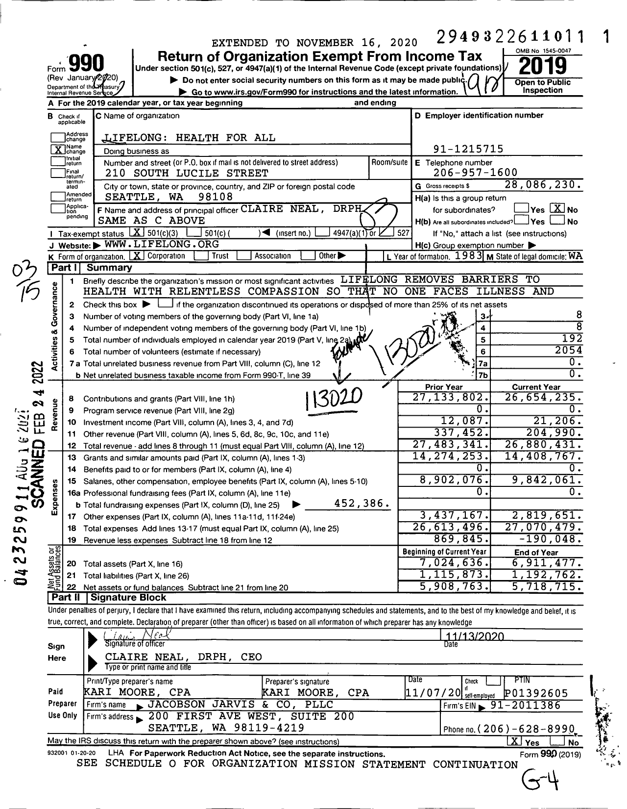 Image of first page of 2019 Form 990 for Lifelong Health for Alliance