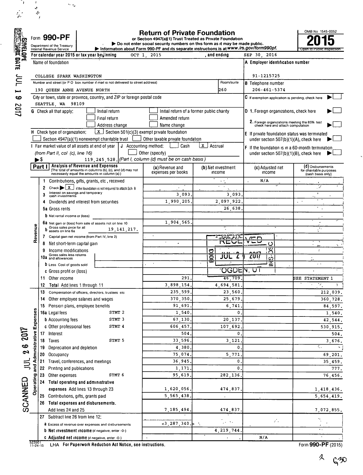 Image of first page of 2015 Form 990PF for College Spark Washington