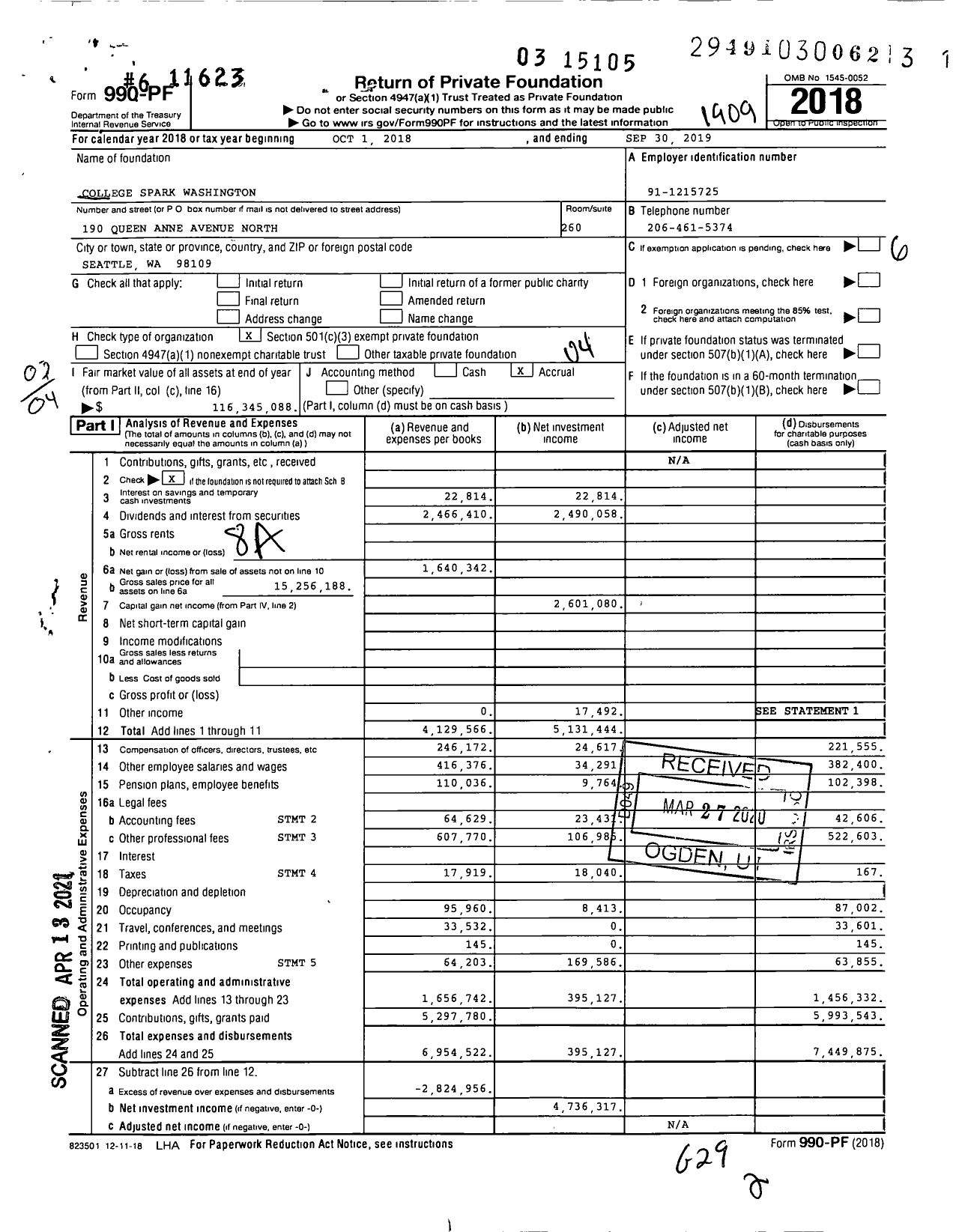 Image of first page of 2018 Form 990PF for College Spark Washington