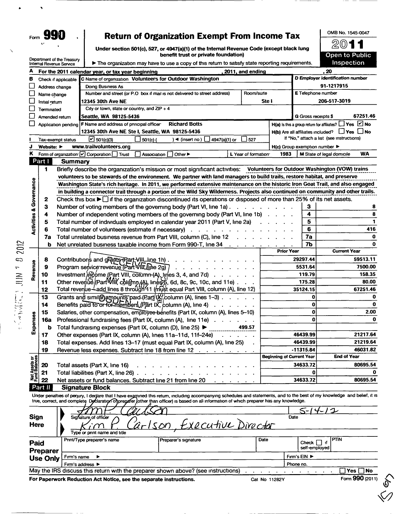 Image of first page of 2011 Form 990 for Volunteers for Outdoor Washington