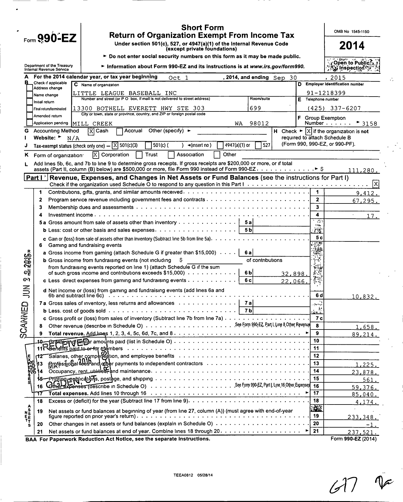 Image of first page of 2014 Form 990EZ for Little League Baseball