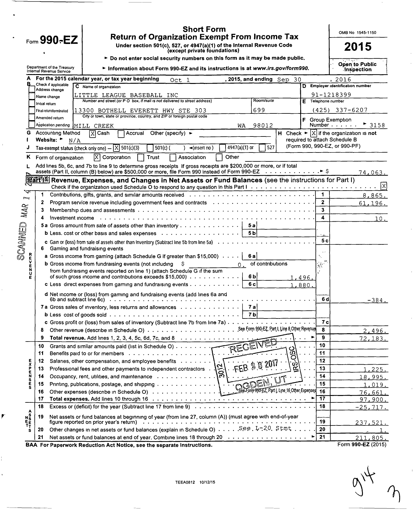 Image of first page of 2015 Form 990EZ for Little League Baseball