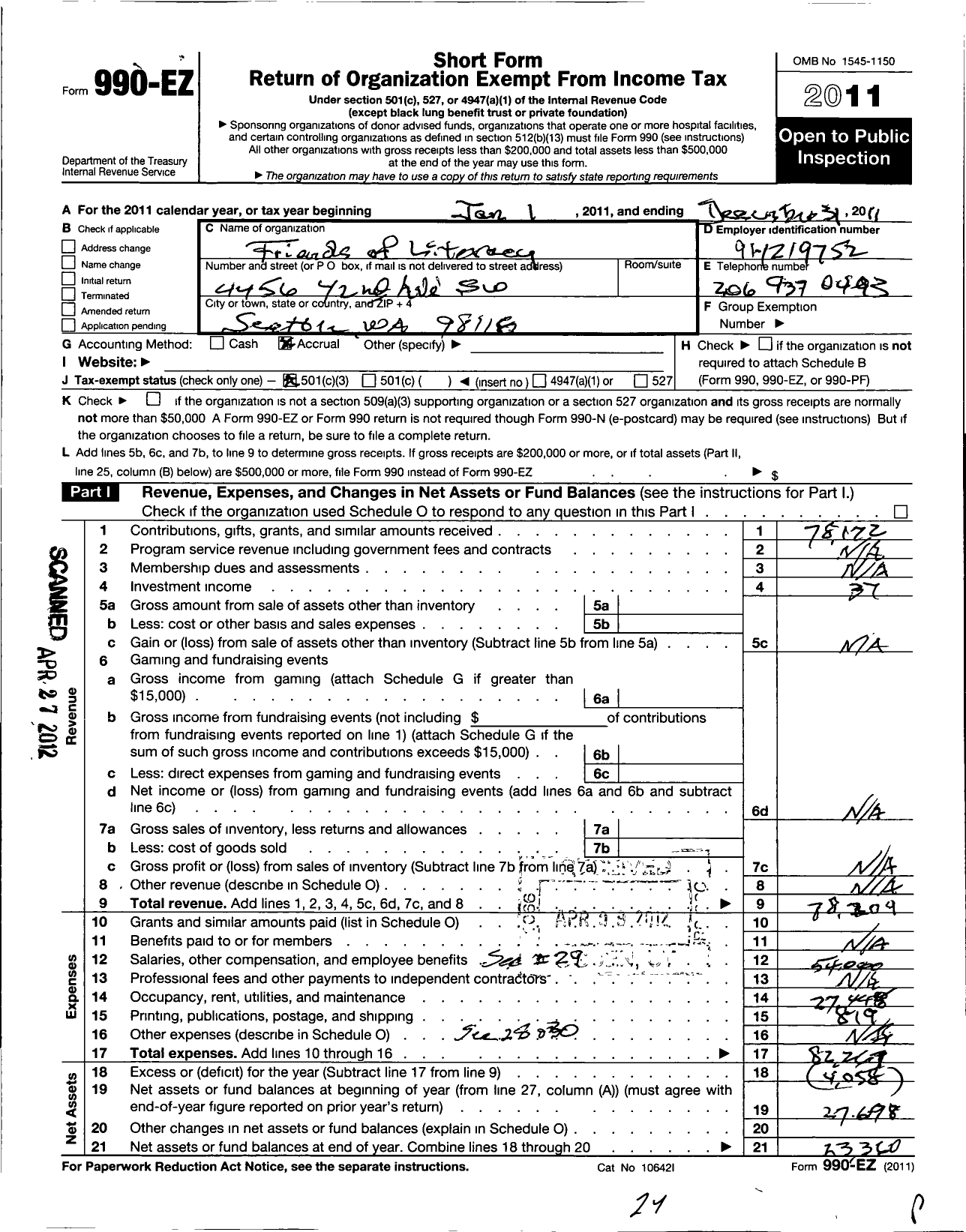 Image of first page of 2011 Form 990EZ for Friends of Literacy in Mexico