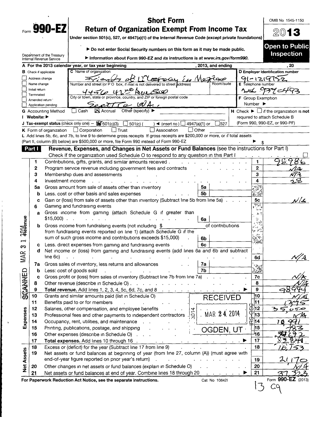 Image of first page of 2013 Form 990EZ for Friends of Literacy in Mexico