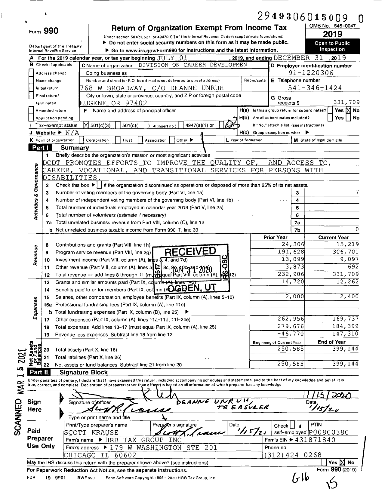 Image of first page of 2019 Form 990 for Division on Career Development and Transition