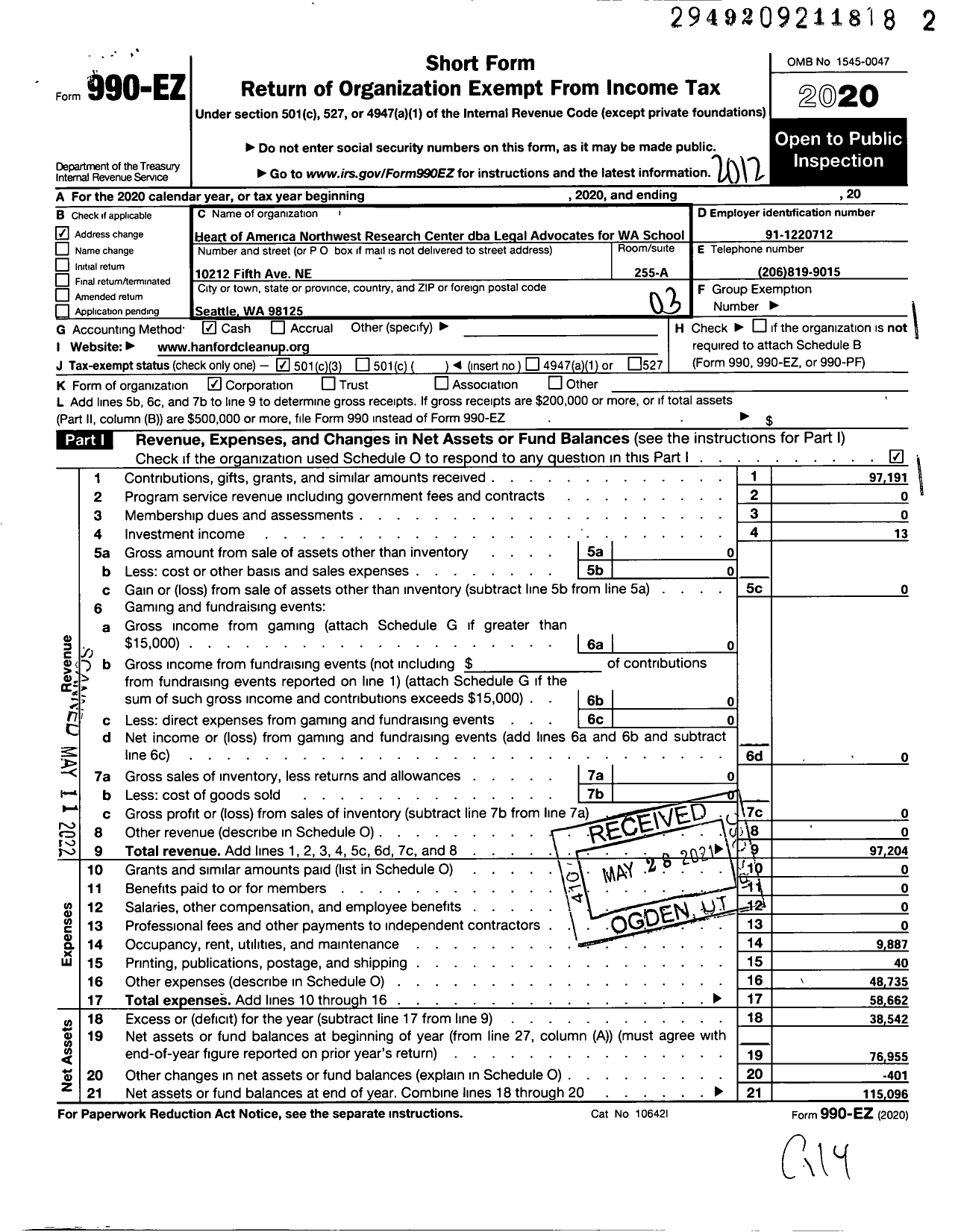 Image of first page of 2020 Form 990EZ for Legal Advocates for Washington School (Heart of America NW Research Ctr)