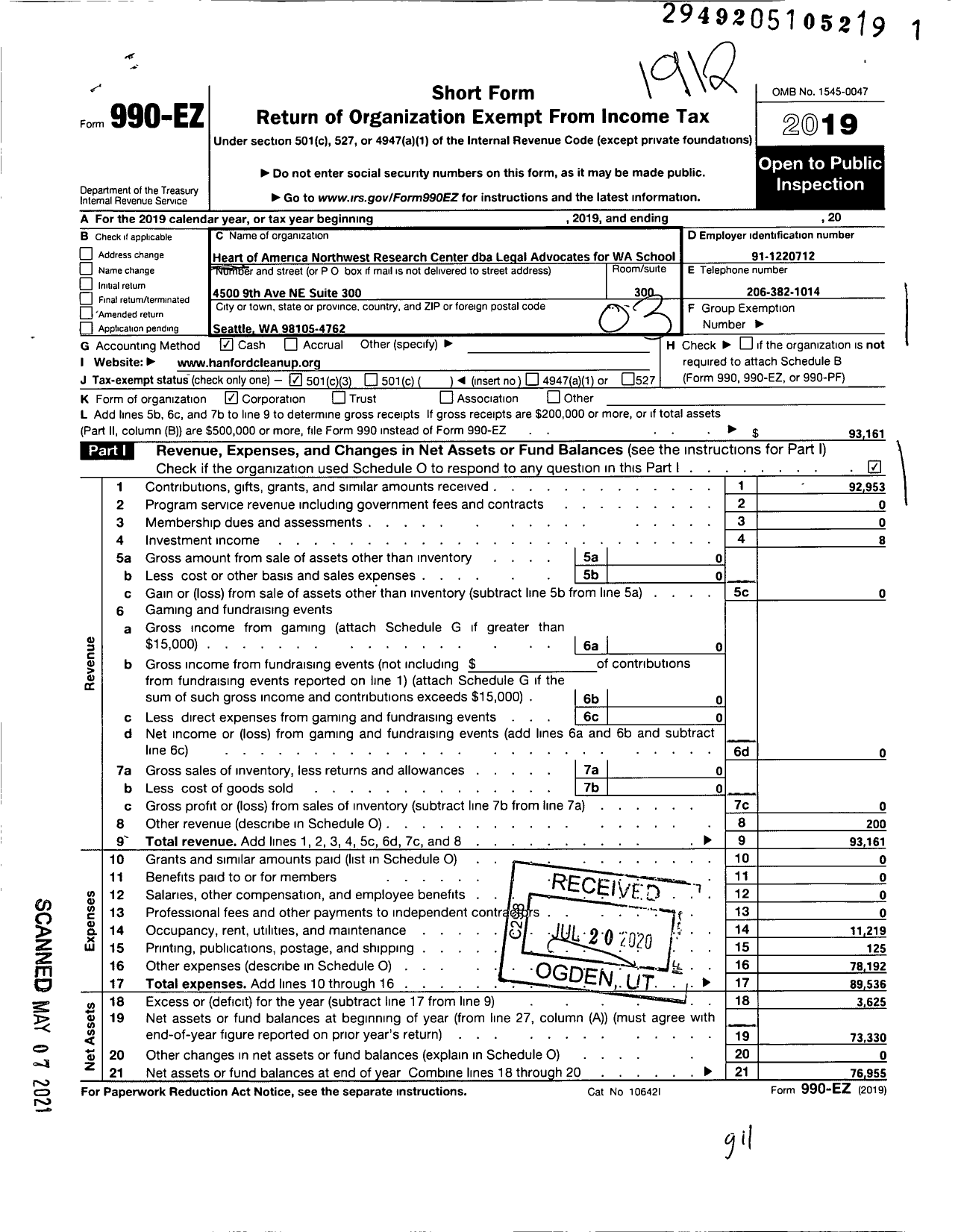 Image of first page of 2019 Form 990EZ for Legal Advocates for Washington School (Heart of America NW Research Ctr)