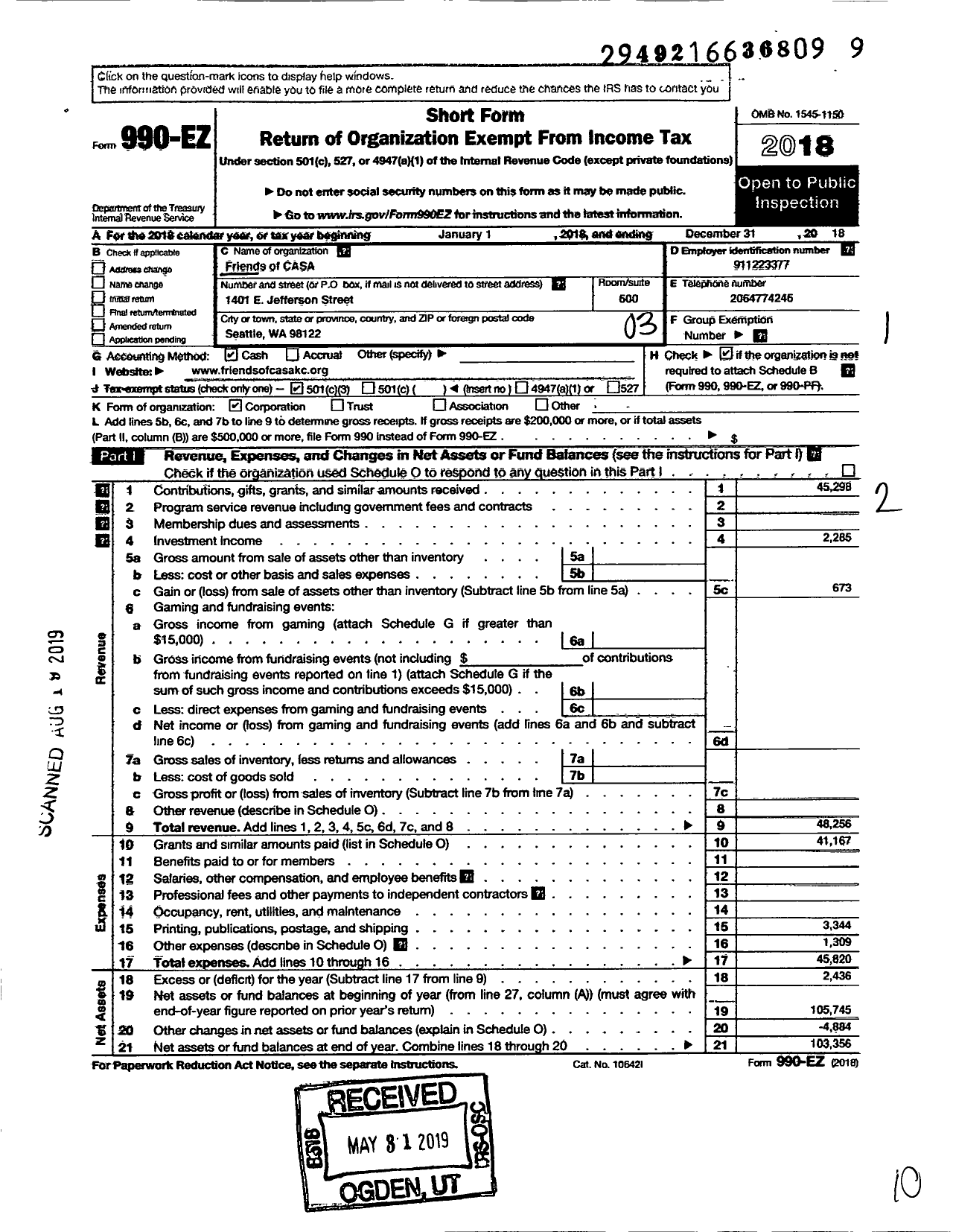 Image of first page of 2018 Form 990EZ for Friends of CASA