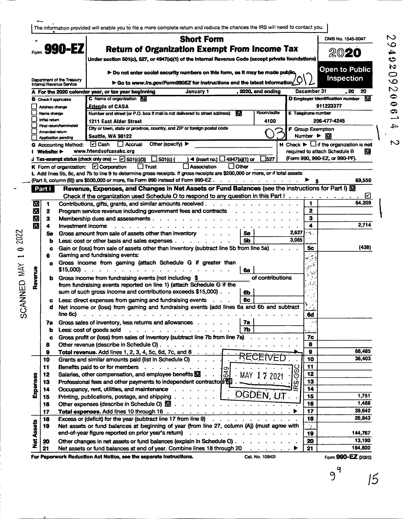 Image of first page of 2020 Form 990EZ for Friends of CASA