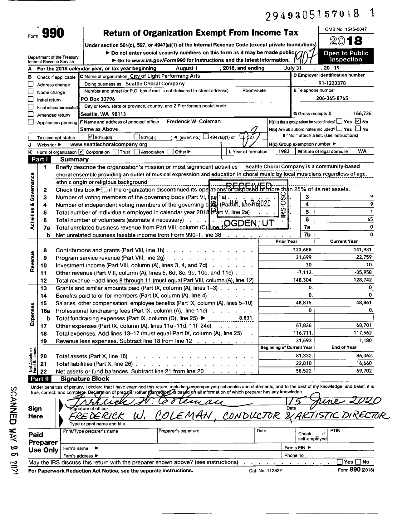 Image of first page of 2018 Form 990 for Seattle Choral Company