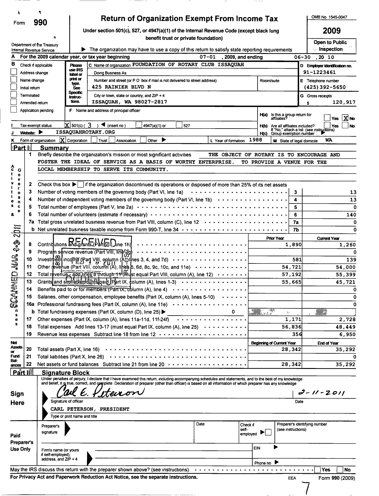 Image of first page of 2009 Form 990 for Foundation of Rotary Club of Issaquah