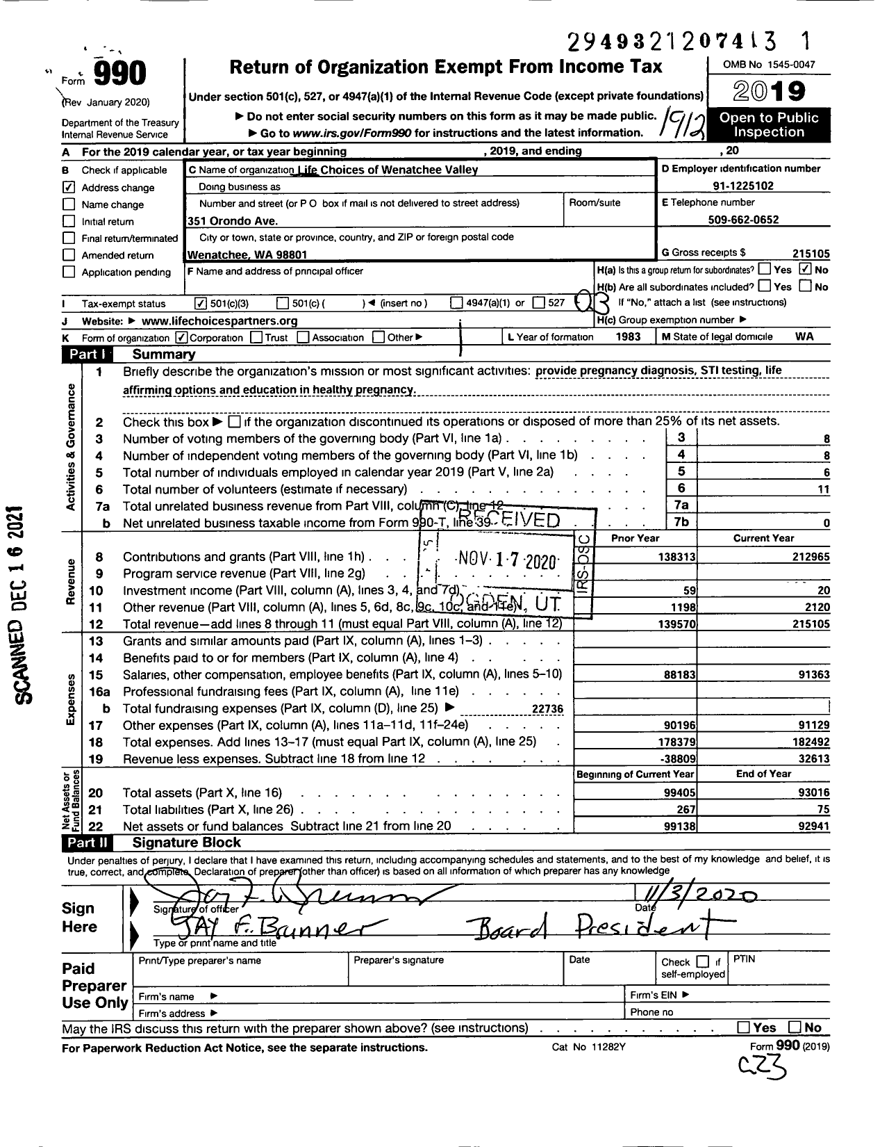 Image of first page of 2019 Form 990 for Life Choices of Wenatchee Valley