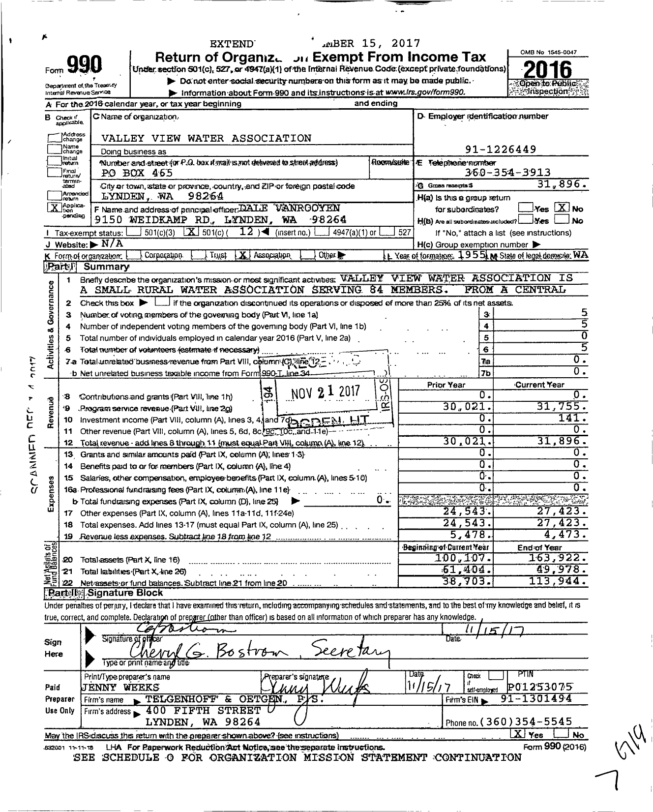 Image of first page of 2016 Form 990O for Valley View Water Association