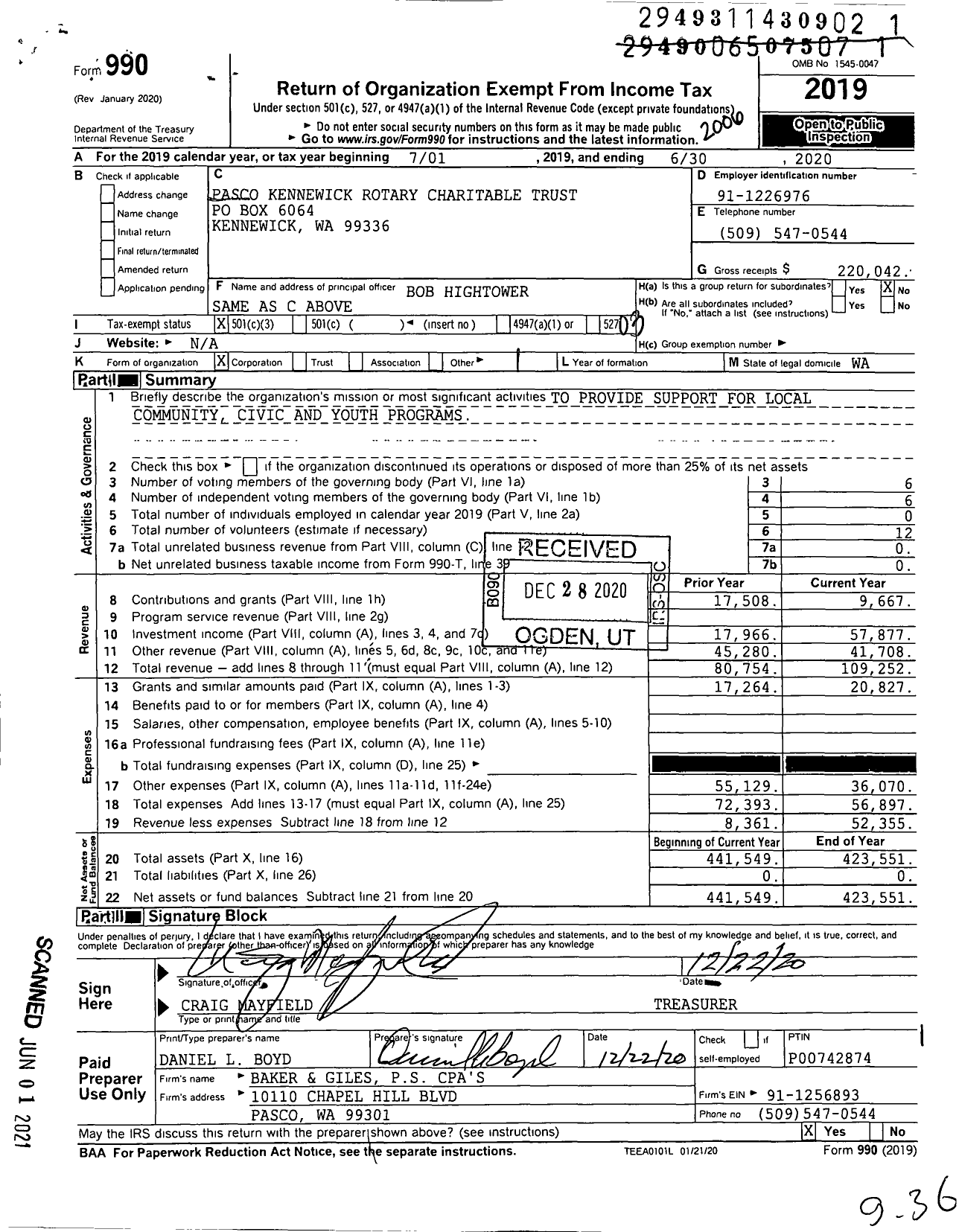 Image of first page of 2019 Form 990 for Pasco-Kennewick Rotary Charitable Trust