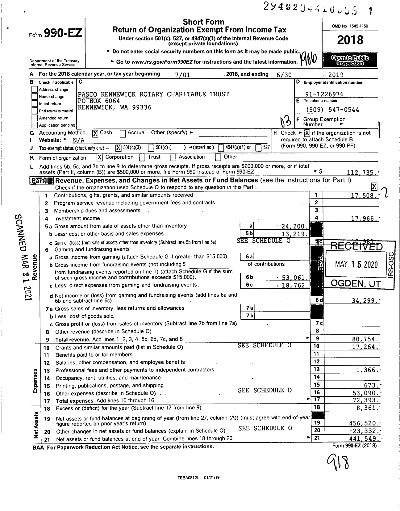 Image of first page of 2018 Form 990EZ for Pasco-Kennewick Rotary Charitable Trust