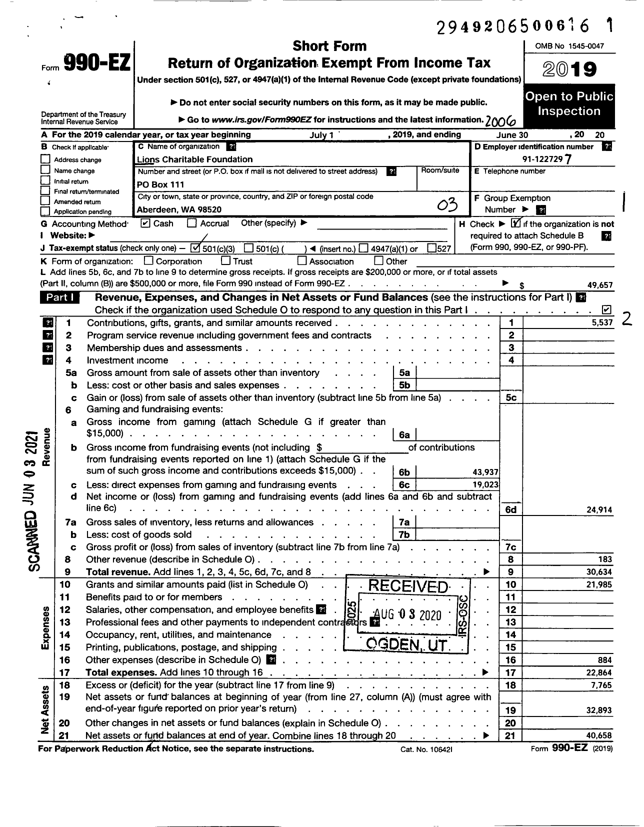 Image of first page of 2019 Form 990EZ for Lions Charitable Foundation