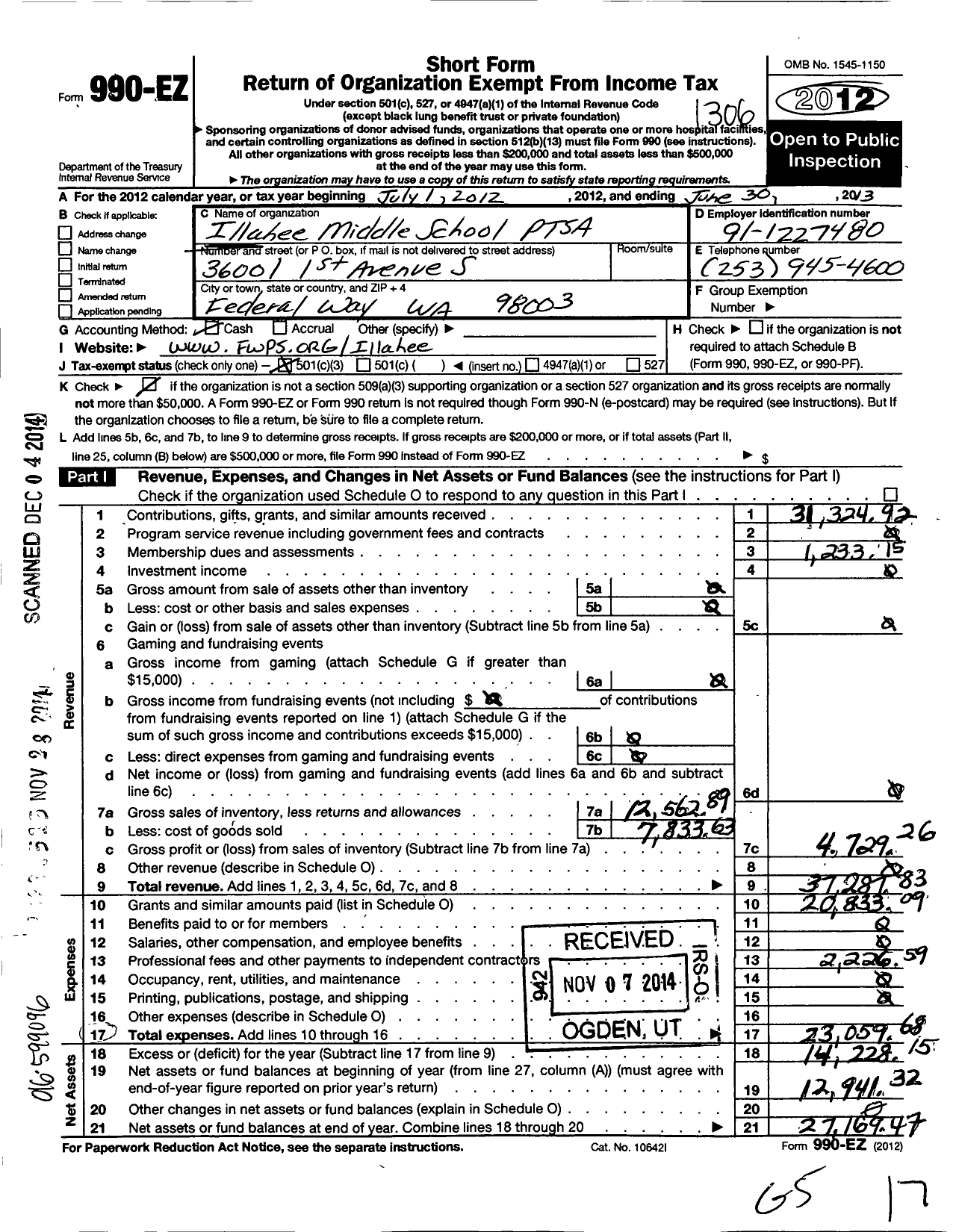 Image of first page of 2012 Form 990EZ for Illahee Junior High School P T S A