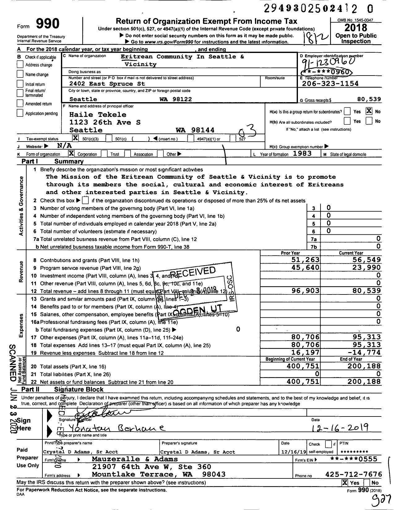 Image of first page of 2018 Form 990 for Eritrean Community in Seattle and Vicinity