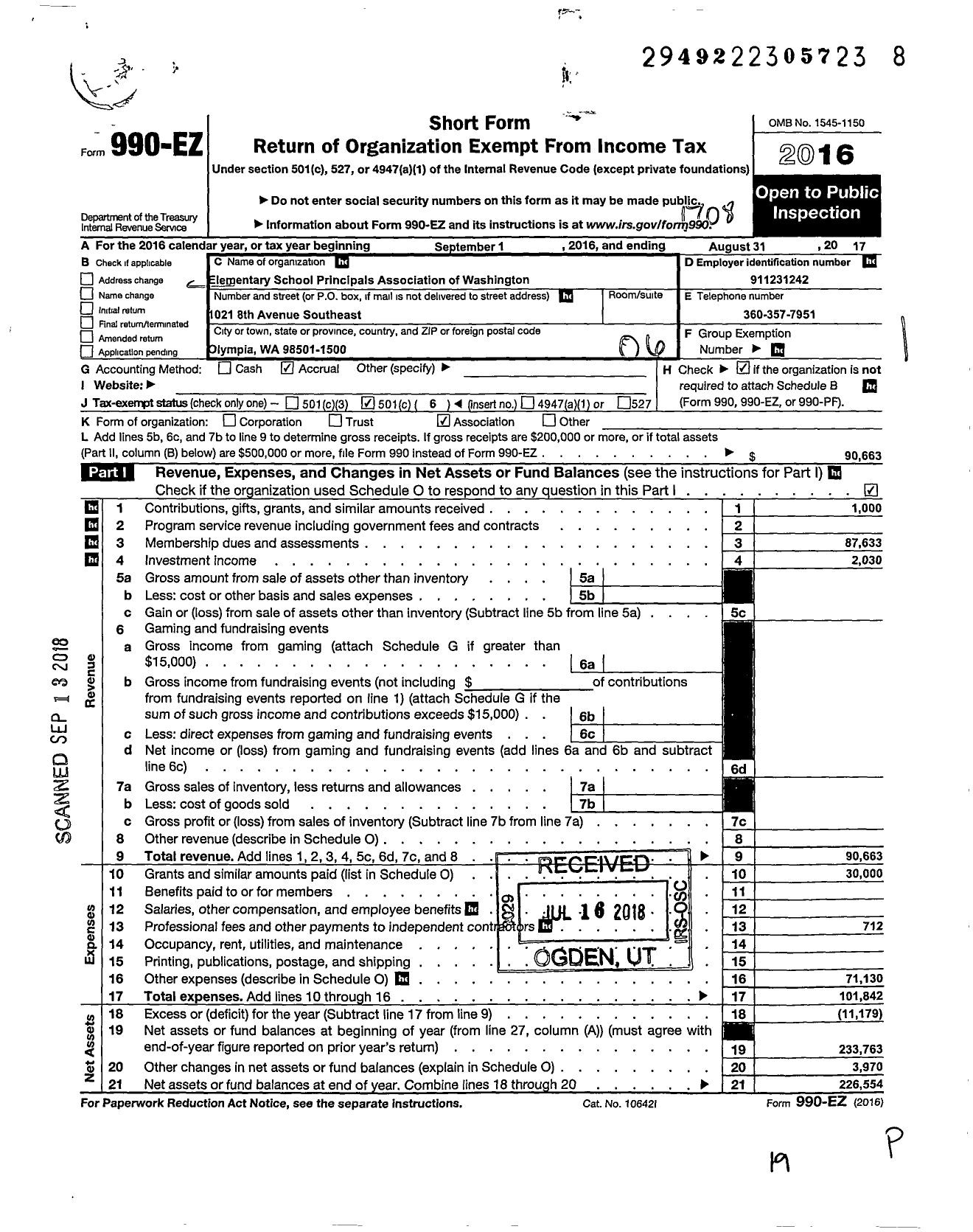 Image of first page of 2016 Form 990EO for Elementary School Principals Association of Washington