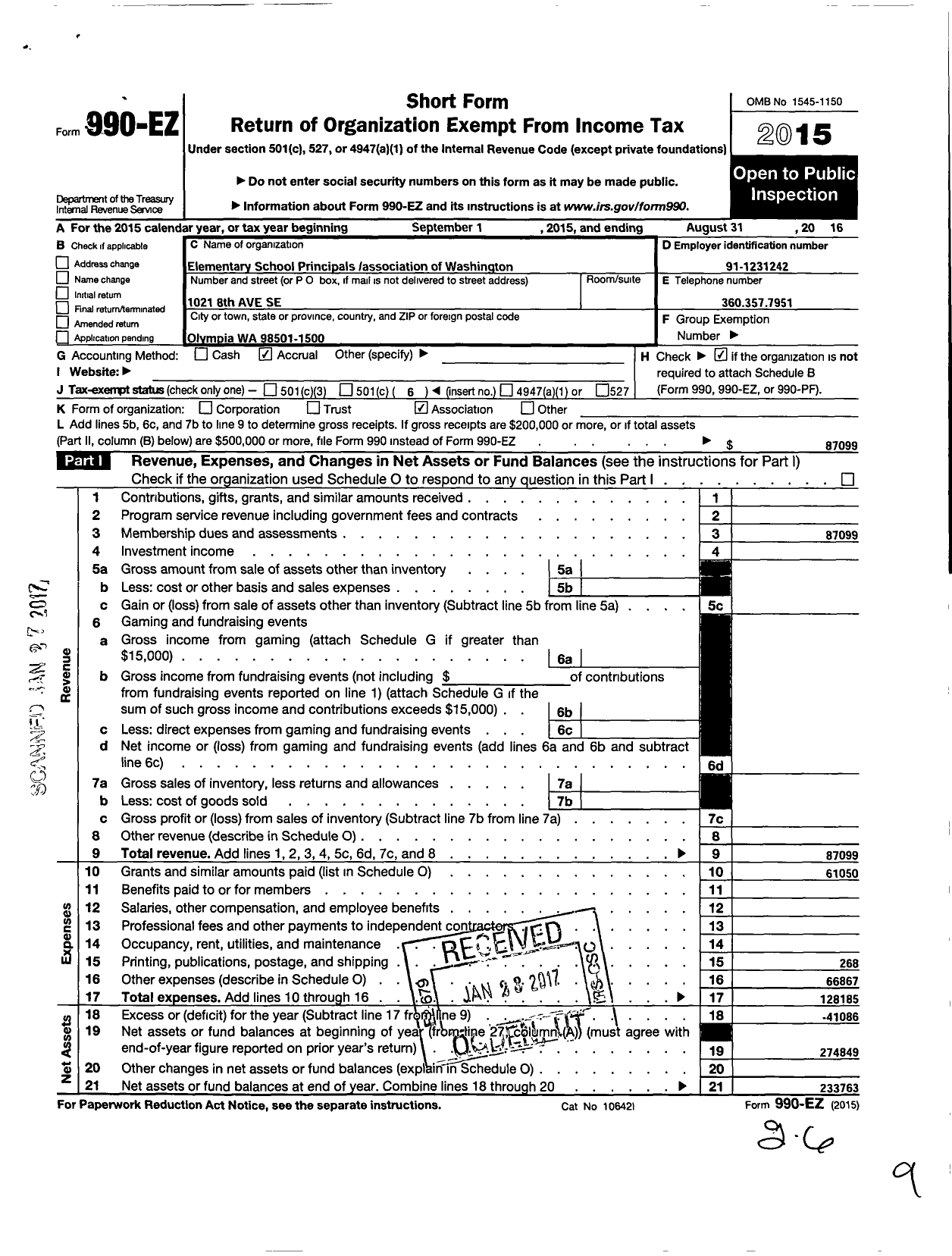 Image of first page of 2015 Form 990EO for Elementary School Principals Association of Washington