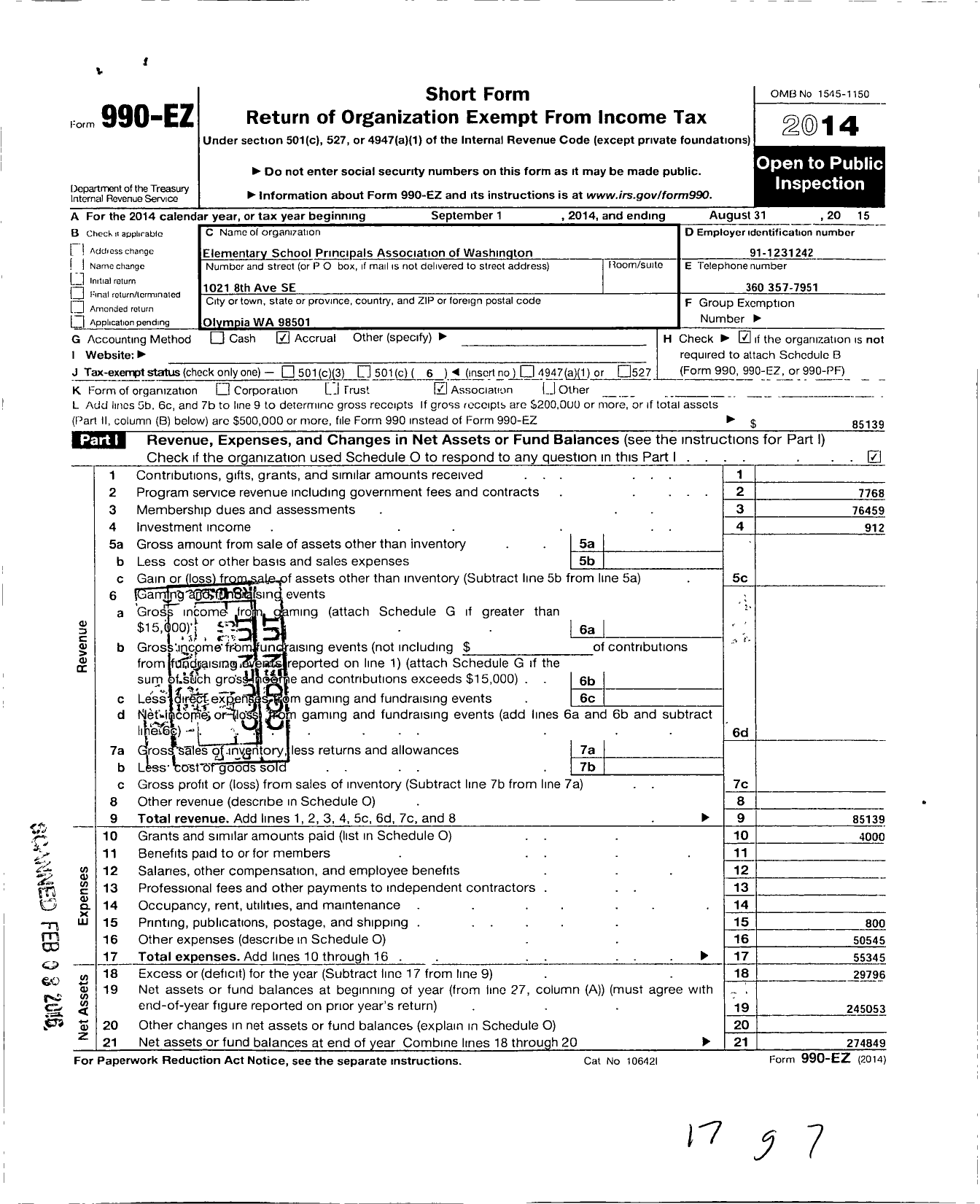 Image of first page of 2014 Form 990EO for Elementary School Principals Association of Washington