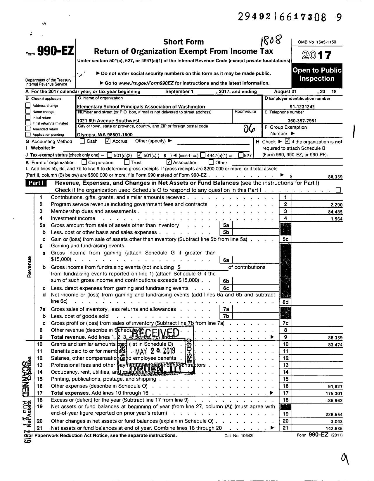 Image of first page of 2017 Form 990EO for Elementary School Principals Association of Washington