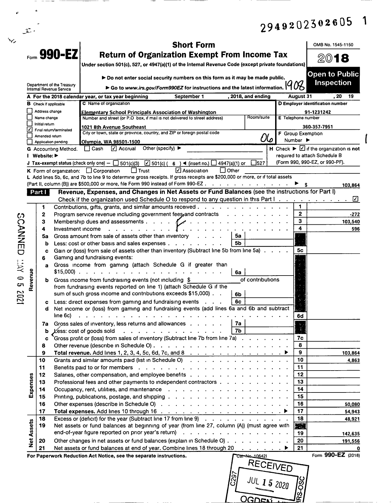 Image of first page of 2018 Form 990EO for Elementary School Principals Association of Washington