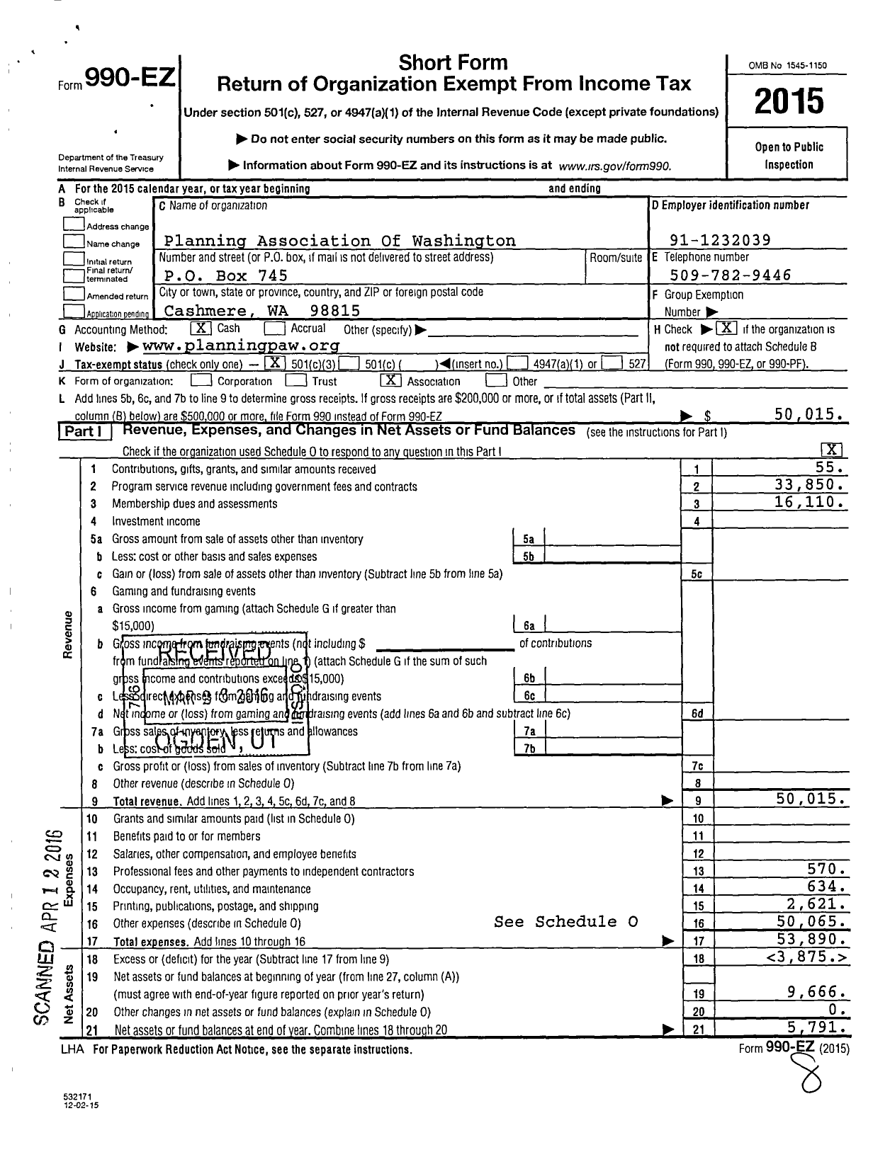 Image of first page of 2015 Form 990EZ for Planning Association of Washington