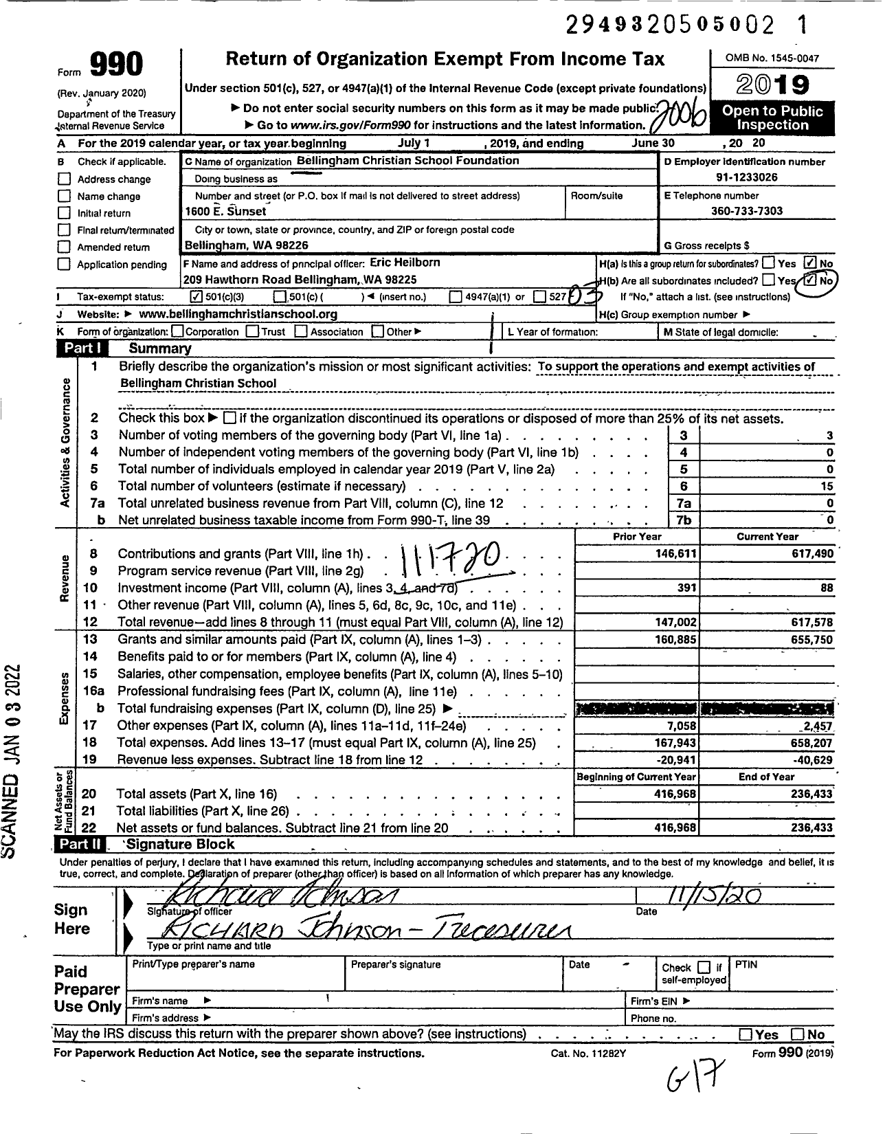 Image of first page of 2019 Form 990 for Bellingham Christian School Foundation